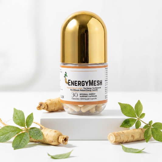 Gold and white supplement bottle labeled 'ENERGYMESH' with ginseng roots and leaves on a light background, featuring the brand 'GASH LUXURY'.