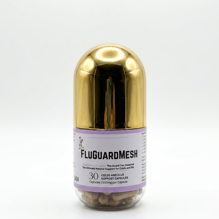 Gold and purple capsule-shaped container labeled 'FluGuardMesh' on a white background.