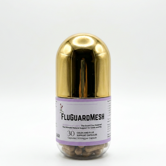 Gold and purple capsule-shaped container labeled 'FluGuardMesh' on a white background.
