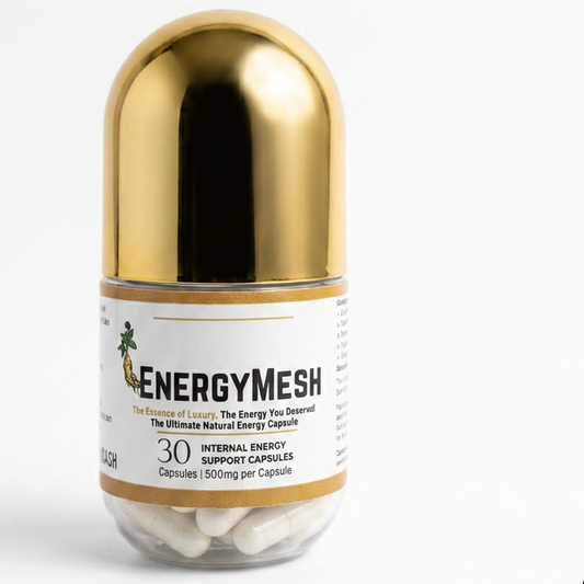 Gold and white capsule-shaped container with 'EnergyMesh' label on a white background