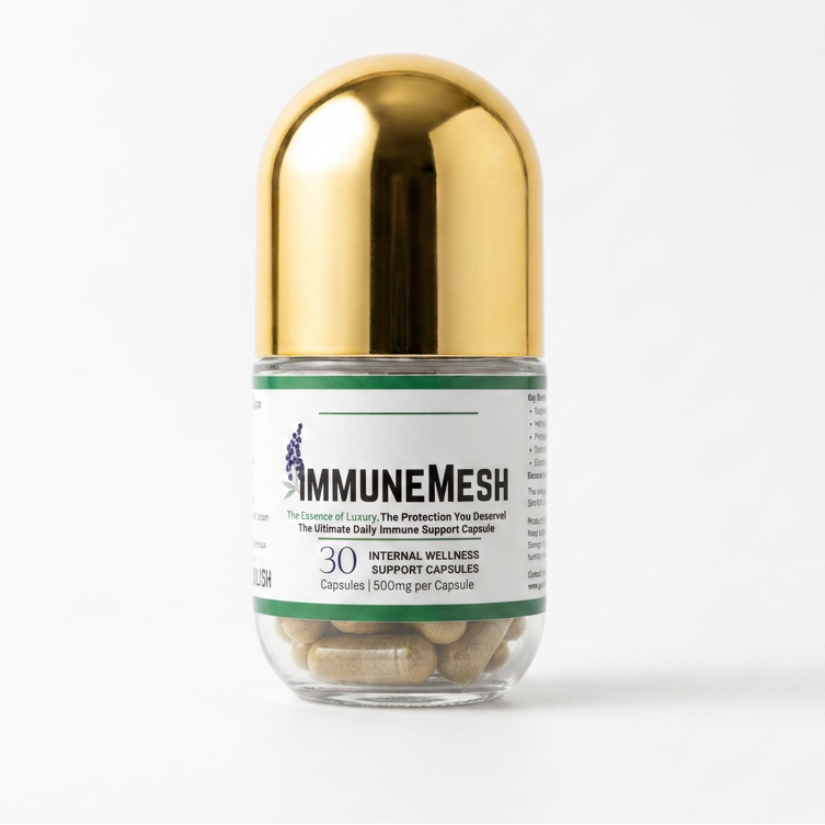 Gold and white container of ImmuneMesh with visible 'GASH' branding on a white background
