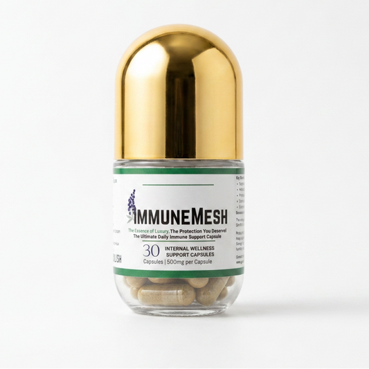 Gold and white container of ImmuneMesh with visible 'GASH' branding on a white background