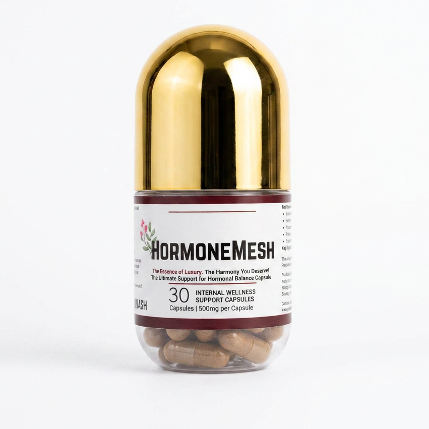 HormoneMesh supplement capsule with gold cap on a white background