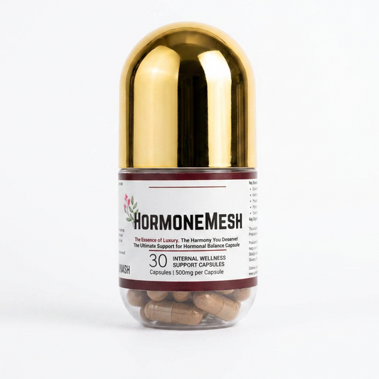 HormoneMesh supplement capsule with gold cap on a white background